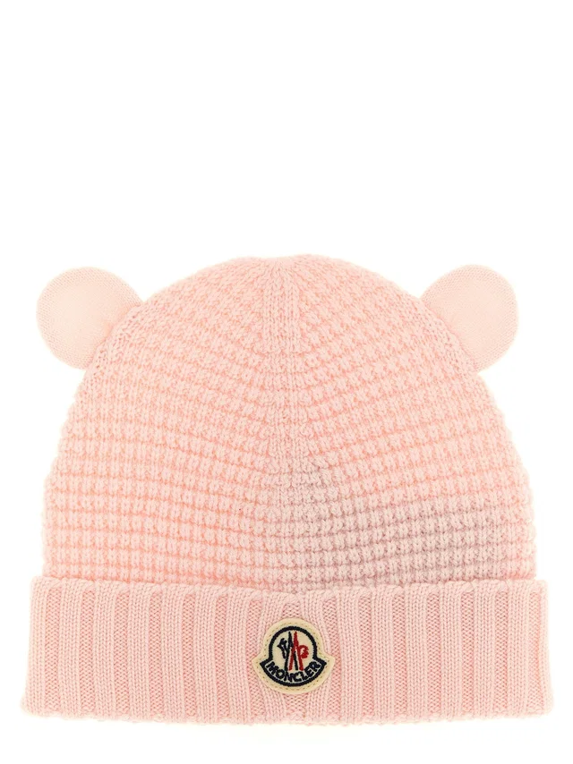 Moncler Teddy Bear Ear Beanie — Pink Virgin Wool Winter Hats in Pink Wool from HEWI