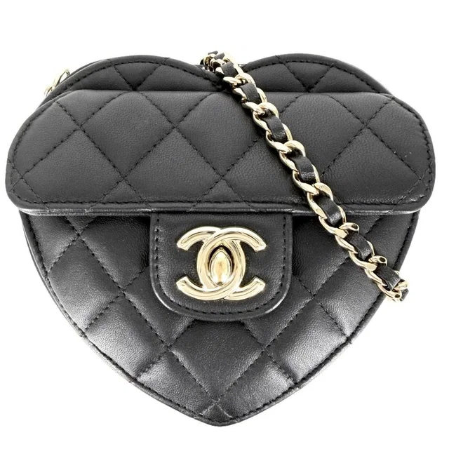 Chanel Shoulder Bag Quilted Heart CC Logo Small Lambskin Black Gold in Black Lambskin from The Reluxe
