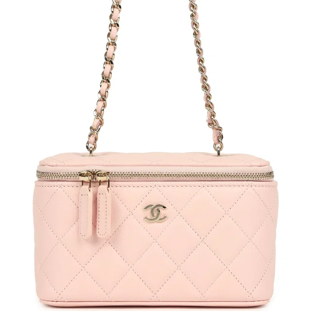 Chanel Small Classic Vanity Case Light Pink Shiny Caviar Light Gold Hardware in Pink Caviar leather from Madison Avenue Couture