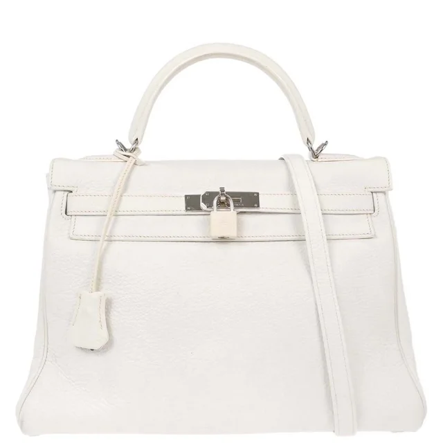 Hermès White Taurillon Clemence Kelly 32 Retourne 2way Shoulder Handbag in White Clemence leather from AMORE Vintage Tokyo