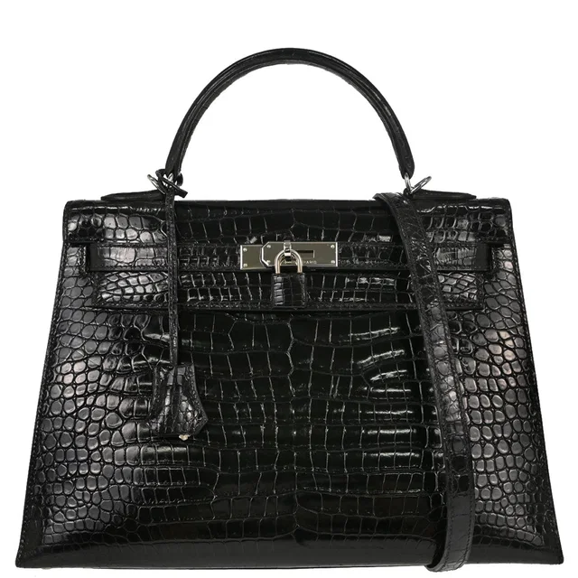 Hermès Black Porosus Kelly 32 Sellier 2way Shoulder Handbag in Black Crocodile from AMORE Vintage Tokyo