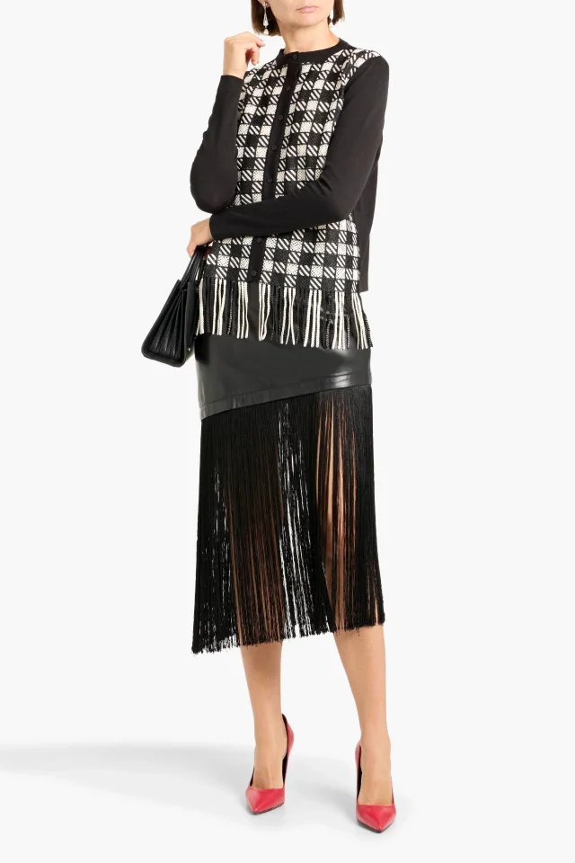 Oscar de la Renta Fringed Checked Jacquard Silk-Blend Cardigan in Black, photo 2 of 4 from THE OUTNET