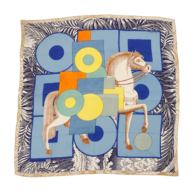 Hermès Giant Square Cavalier en Formes Size 140 Blue/White/Multicolor Cashmere70% Silk30% in White from GALLERY RARE