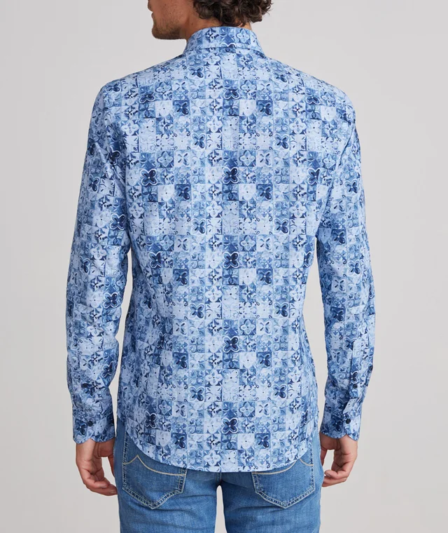 Emanuel Berg Marseille Printed Cotton-Blend Dress Shirt in Mid Blue, photo 3 of 4 from Harry Rosen