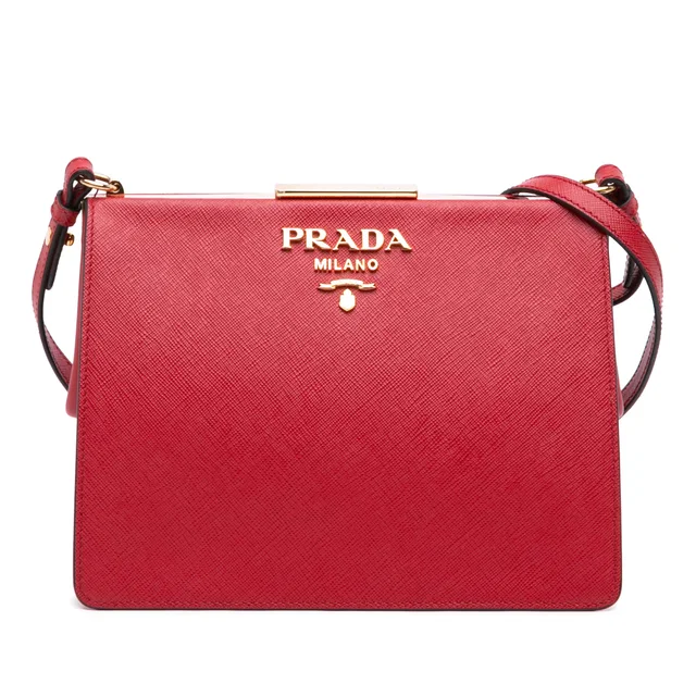 Red Prada Saffiano and City Calf Light Frame Crossbody in Red Saffiano leather from Designer Revival