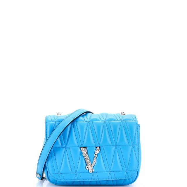 Versace Mini Virtus Chain Flap Shoulder Bag Quilted Leather in blue Leather from Poshmark