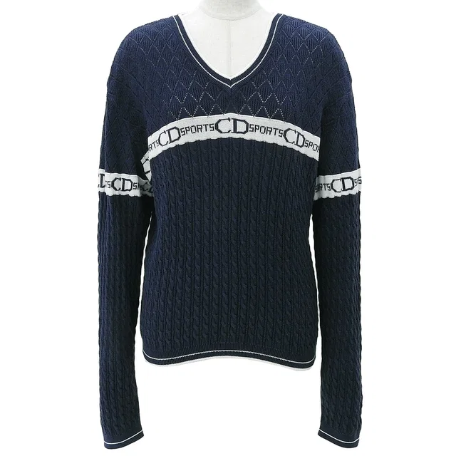 Dior Logo Design V-Neck Knit Sweater #M Navy/White in White from VINTAGE QOO TOKYO