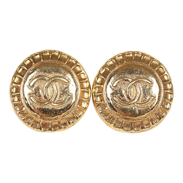 Chanel Vintage Small Round Sun Border CC Clip On Earrings Gold Plated Hardware in Gold from Madison Avenue Couture