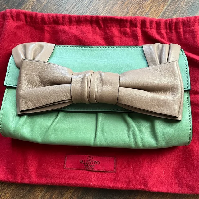 Valentino Garavani Mint Green Leather Clutch W/ Beige Bow-Rare Color Excellent Condition in green|brown|neutral Leather from Poshmark