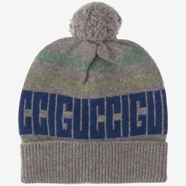 Gucci 793257 Logo Jacquard Wool Beanie — Gray Beanies in Grey Wool from HEWI
