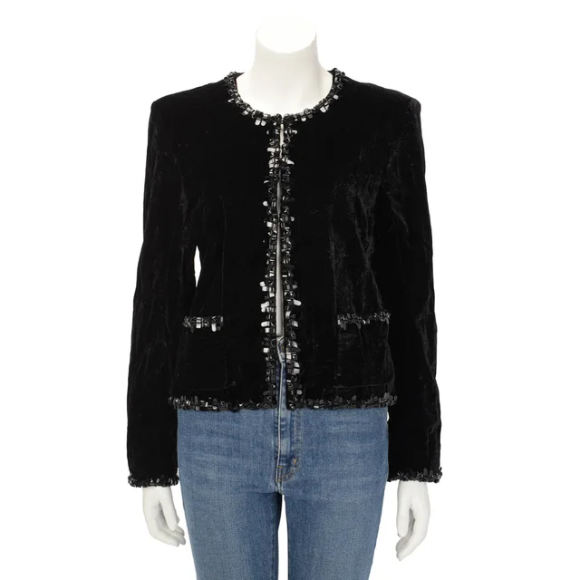 Chanel Crushed Velvet Beaded Trim Jacket FR 42 in Black Velvet from Blue Spinach