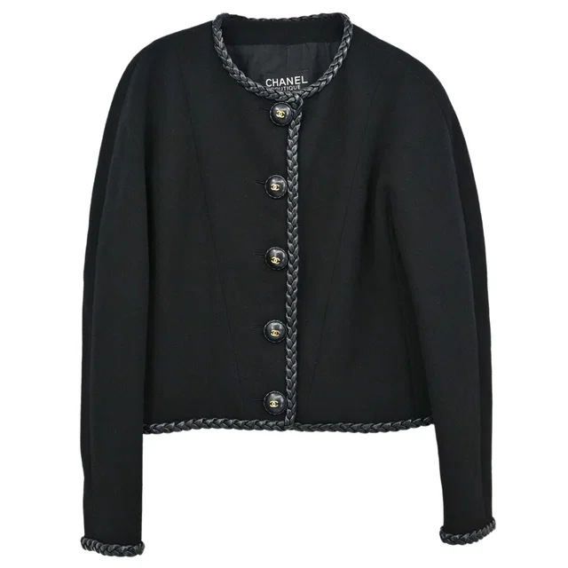 Chanel 1994 Collarless Jacket Black #38 in Black Wool from AMORE Vintage Tokyo