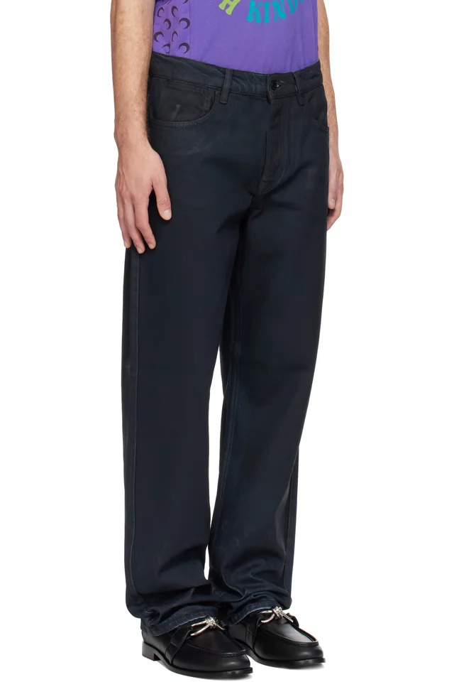 Marine Serre Black Moon Waxed Denim Straight Jeans, photo 2 of 4 from SSENSE