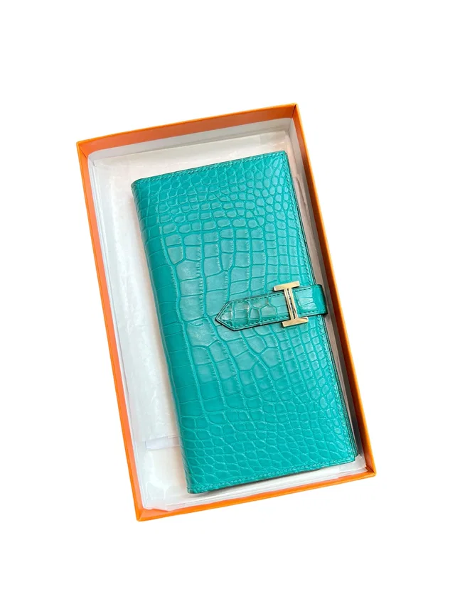 Hermès Bearn Wallet Blue Paon Matte Alligator PHW #A in Blue Crocodile from Luxury Promise