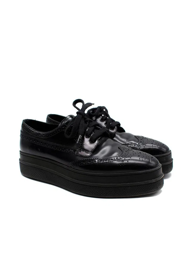 Prada Black Brushed Leather Derby Brogues in Black Leather from HEWI