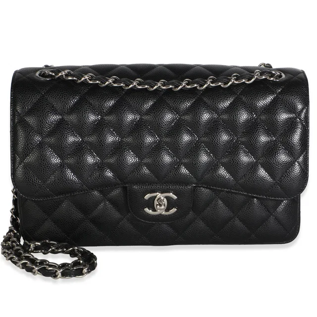 Chanel Black Quilted Caviar Jumbo Double Flap Bag in Black Caviar leather from myGemma