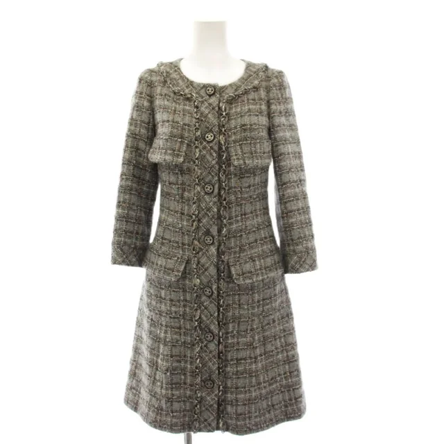 Chanel Coat Long Tweed CC Logo Coco Button 34 Gray KH in Grey Tweed from The Reluxe