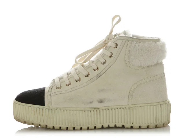 Chanel White Kid Suede and Shearling Lace-Up Boots in White Suede from Ann's Fabulous Finds