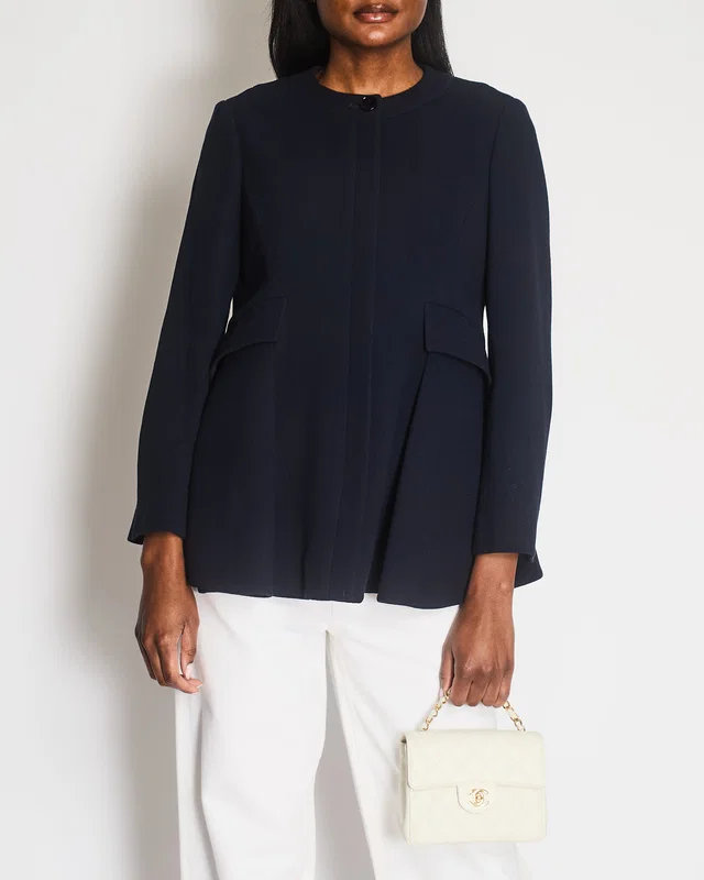 Dior Navy Round Neck Coat with Pocket Detail Size FR 42 (UK 14) in Navy Silk from Sellier