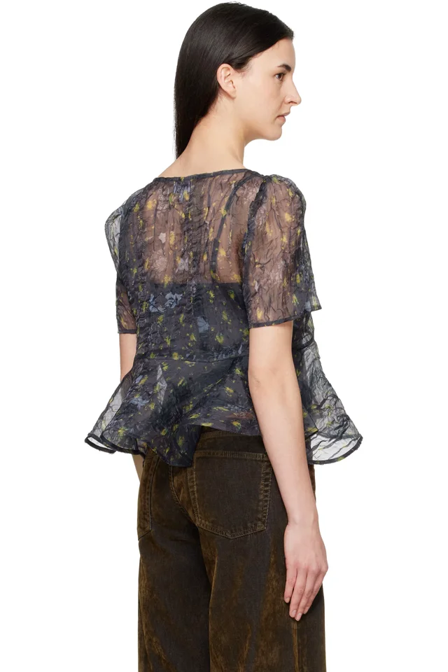 GANNI Gray Shibori Organza Peplum Blouse, photo 3 of 4 from SSENSE