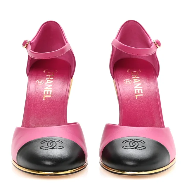 Chanel Cap Toe Open Wedge Pumps 40 Fuchsia Black in Black Lambskin from FASHIONPHILE, photo 3 of 9