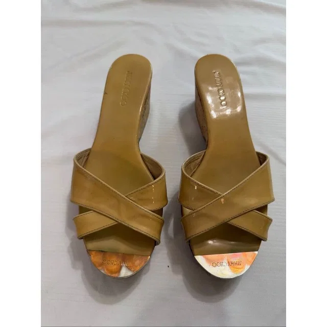 Jimmy Choo Peep Toe Cork Wedge Sandals Beige Leather Sz 36 1/2 Us 6.5 6 1/2 in brown|neutral Leather from Poshmark