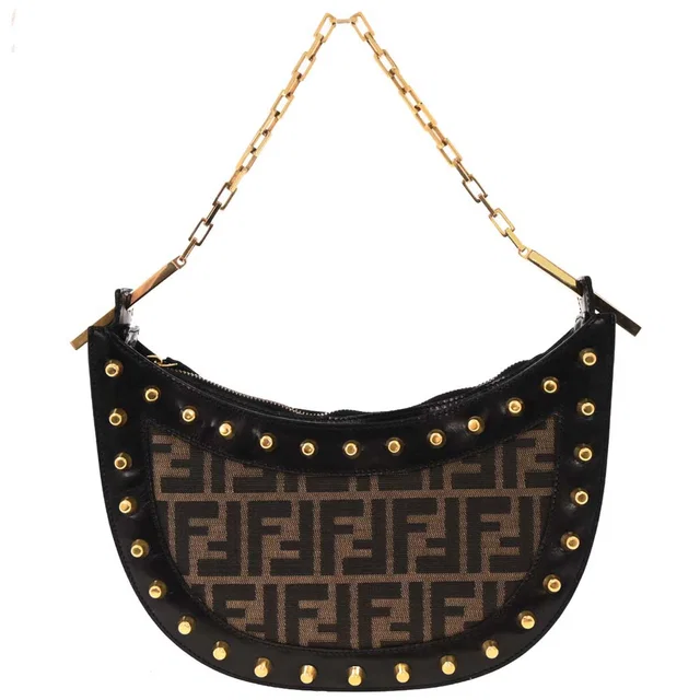 Fendi Black Brown Studded Zucca Handbag in Black Canvas from AMORE Vintage Tokyo