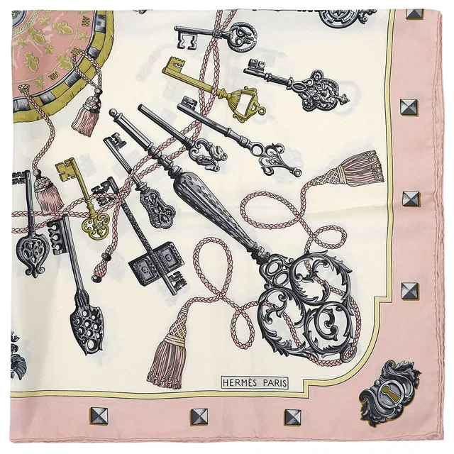 Hermès Carre 90 LES CLES Scarf Pink/White in White Silk from VINTAGE QOO TOKYO