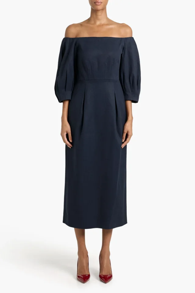 Gabriela Hearst Majano Off-the-Shoulder Hemp and Cotton-Blend Twill Midi Dress in Blue, photo 2 of 9 from THE OUTNET