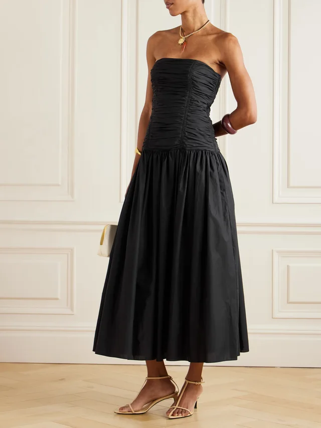 MATTEAU Strapless ruched organic cotton-poplin midi dress in Black, photo 2 of 2 from NET-A-PORTER (Canada)