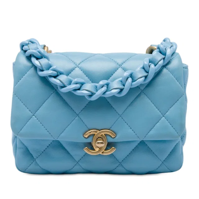 Blue Chanel Mini Quilted Lambskin Lacquered Chain Flap Crossbody Bag in Blue Lambskin from Designer Revival