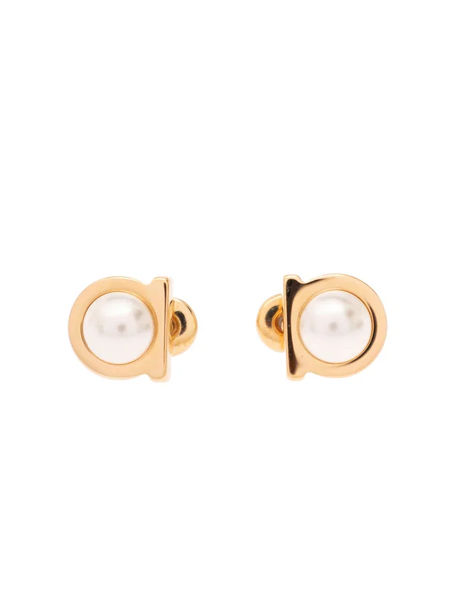 Ferragamo Pearl & Brass Hook Earrings — Gold in Gold from HEWI