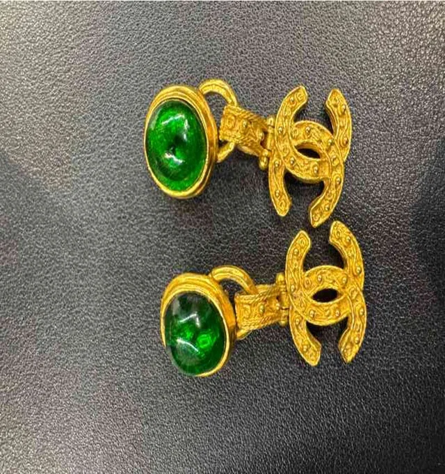 Chanel Green Glass Grapevine Ear Clips in Green from Luxury Promise