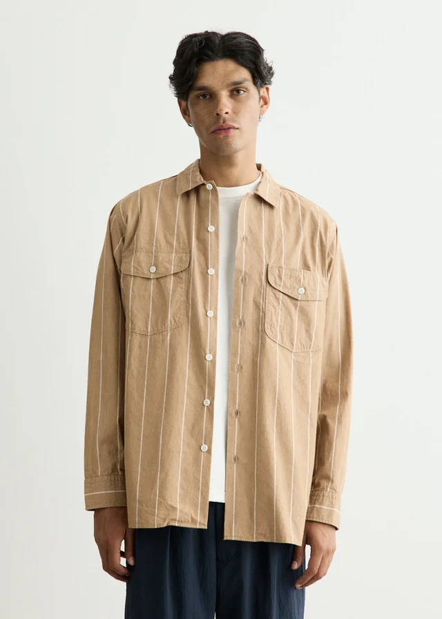 Beams Plus Multi Pocket WORK Wide Stripe Shirt in Brown from Incu, photo 1 of 1
