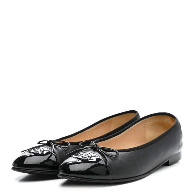Chanel Patent Cap Toe Ballerina Flats 39.5 Black in Black Lambskin from FASHIONPHILE, photo 4 of 18