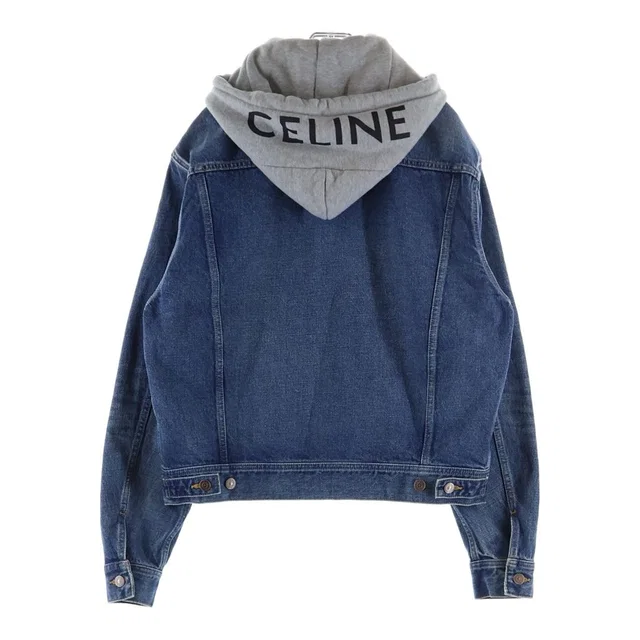 Celine Logo Printed Hooded Denim Trucker Jacket Indigo in Multicolor Denim from The Reluxe