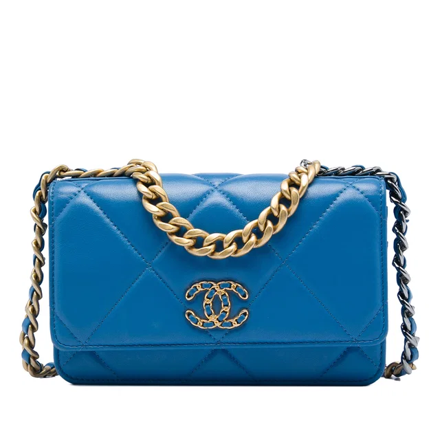 Blue Chanel Quilted Lambskin 19 Wallet On Chain Satchel in Blue Lambskin from Designer Revival