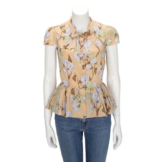 Prada Flower Printed Blouse IT 42 in Beige Silk from Blue Spinach