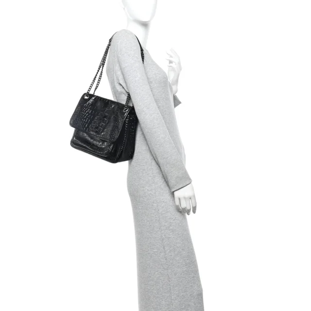 Saint Laurent Patent Crocodile Embossed Lambskin Monogram Medium Niki Chain Satchel Black in Black Lambskin from FASHIONPHILE, photo 2 of 10
