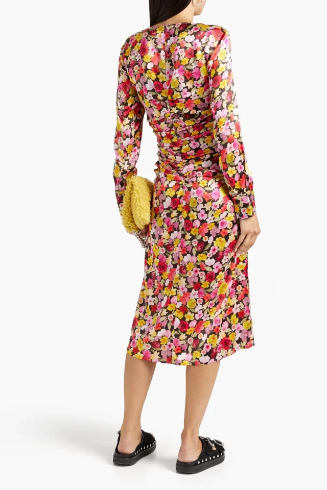 Ganni Ruched floral-print silk-blend satin midi dress in Multicolor, photo 3 of 4 from THE OUTNET