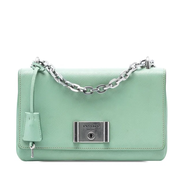 Green Prada Saffiano Lux Chain Lock Flap Crossbody Bag in Green Saffiano leather from Designer Revival