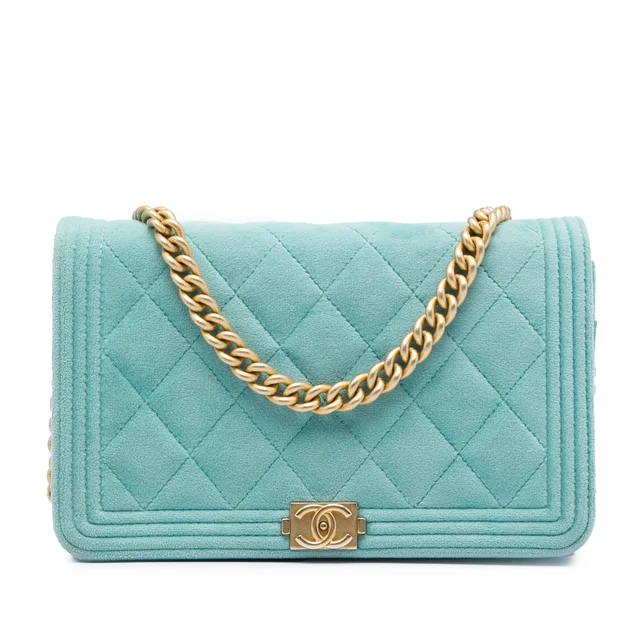 Blue Chanel Quilted Velvet Boy Wallet On Chain Crossbody Bag in Blue Velvet from Designer Revival