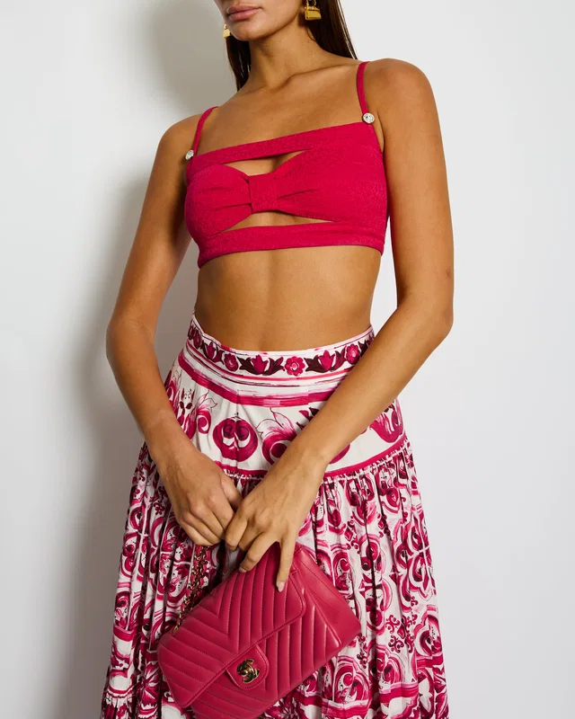Chanel 21K Raspberry Pink Silk CC Logo Printed Bralette Top with Crystal Details Size FR 38 (UK 10) in Pink Silk from Sellier