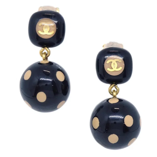 Chanel Dangle Earrings Clip-On Gold Black 00A in Black Resin from AMORE Vintage Tokyo