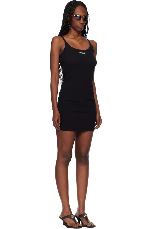 Versace Black Embroidered Ribbed Cotton Minidress, photo 2 of 4 from SSENSE