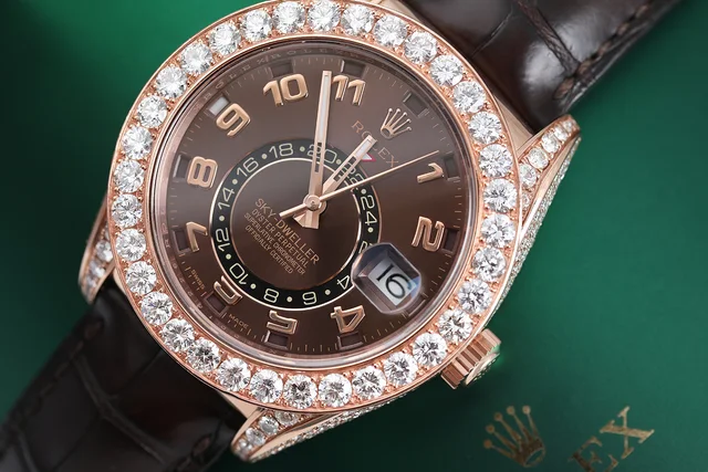 Rolex Sky Dweller 18Kt Rose Gold Custom Diamond Watch in Brown Leather from Truefacet