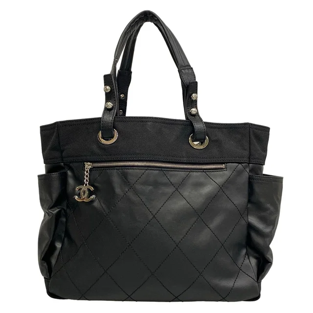 Chanel Tote Bag Paris Biarritz GM Black Silver Leather in Black Leather from The Reluxe