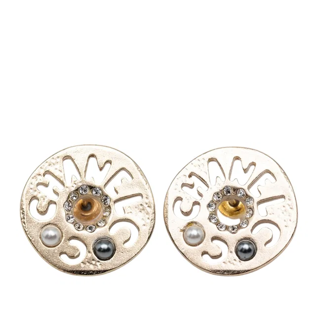 Gold Chanel Gold Plated Strass Faux Pearl Coco Logo Disc Pushback Earrings in Gold from Designer Revival