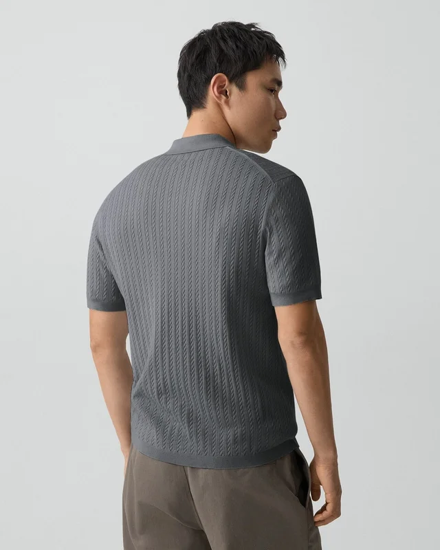 Theory Soris Cable-Knit Polo Shirt in Light Bilen in MEDIUM GREY 62% Viscose, 38% Polyester; Exclusive Of Elastic, photo 10 of 12 from Theory
