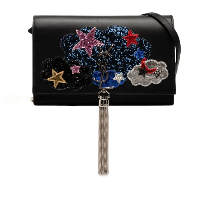 Black Saint Laurent Calfskin Cloud Star Applique Classic Monogram Kate Tassel Wallet on Chain… in Black Calfskin from Designer Revival
